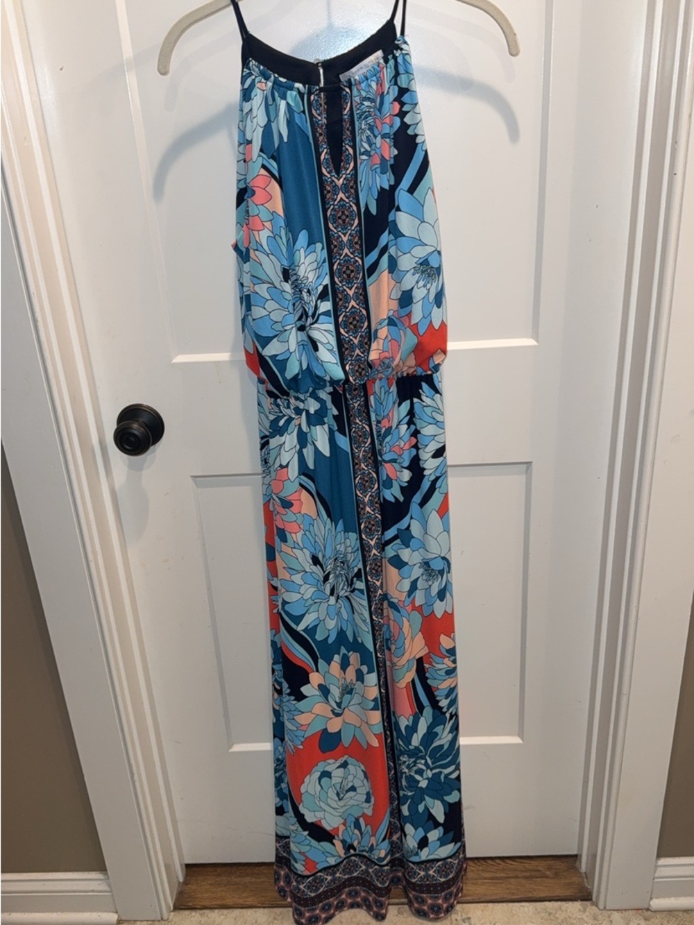 London Times Teal, Coral and Light Blue Floral Maxi Dress